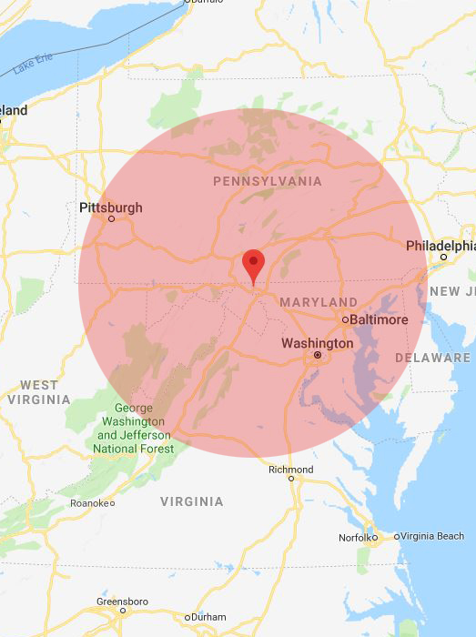 Location Pin with a Radial Circle on a Map Representing a Hour and a Half Driving Radius of Clear Springs, MD